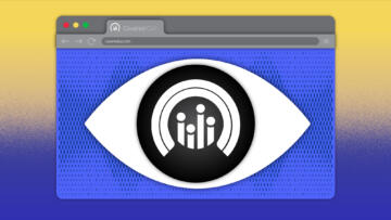 Illustration of a browser window displaying the Covered California logo inside the pupil of an eye; the background transitions from yellow at the top to blue at the bottom with a grainy, pixelated pattern
